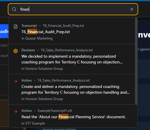 Global search across all meetings and transcripts