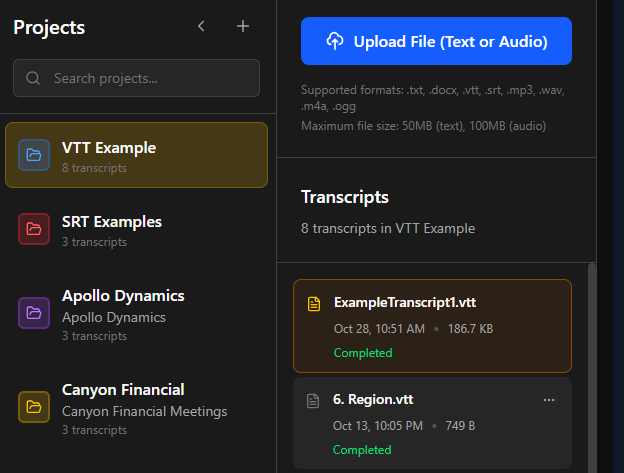 Project organization sidebar with color-coded folders