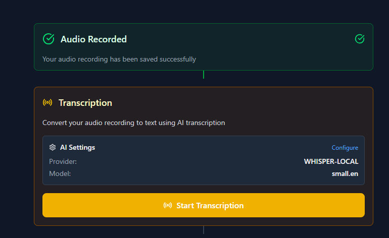 Transcription settings with Ollama Whisper and OpenAI options